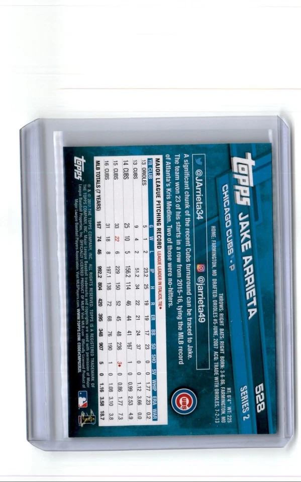 2017 Topps Negative Jake Arrieta Chicago Cubs #528 - Image 2 of 2