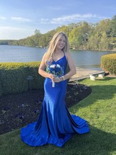 Jovani Royal Blue Rhinestone Mermaid Prom Dress   Open Lace Back   Size 4
