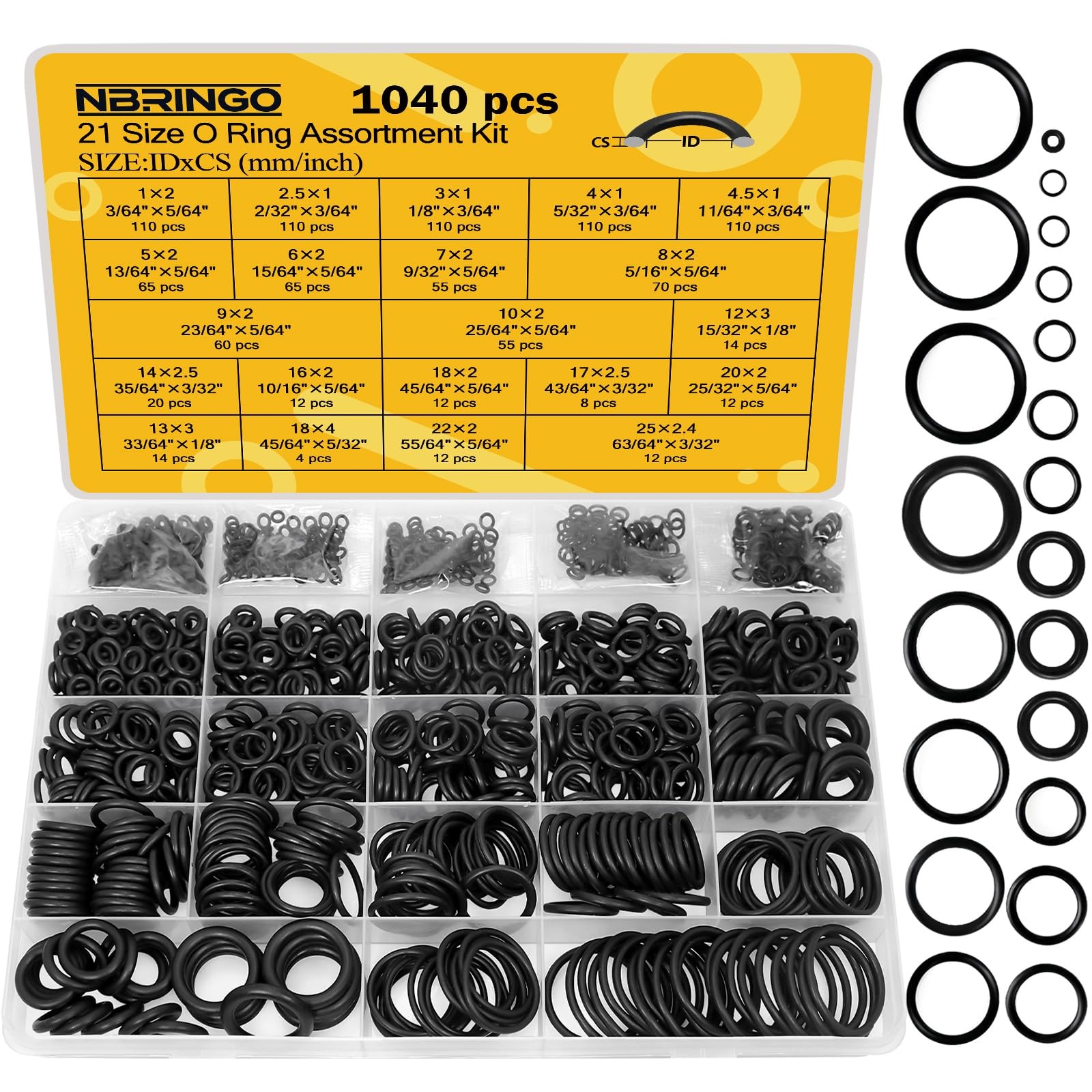 1040 PCS 21 Size O Ring Assortment Kit, Industrial-Grade Nitrile Rubber O-Rings