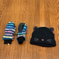 Target Black Cat Ear Beanie and Striped Snow Mittens 2T - 5T