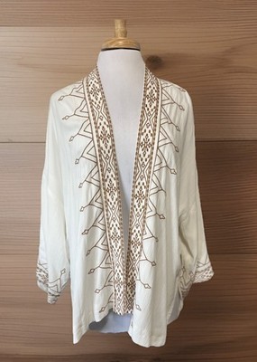Chicos Cardigan White & Embroidered Gold Sz S/M Parisian Chic Resort Wear