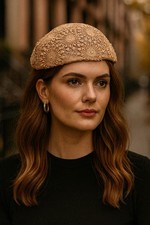 Vintage Nude Lace Fascinator. W/ Rhinestones 1950  s 1960  s Era 7  Diameter