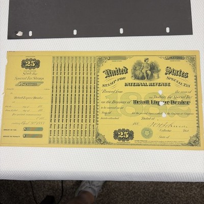 Original 1882 US IRS Internal Revenue Service Special Tax Liquor Certificate