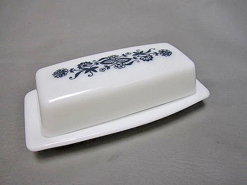 vintage pyrex butter dish with lid milk glass old town dark blue onion