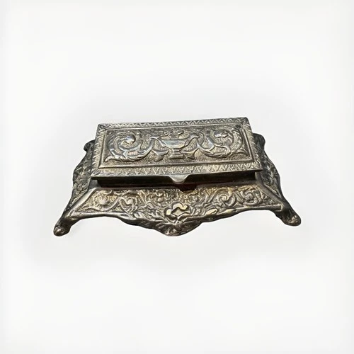 Antique Ornate Metal Inkwell Hinged Box Silver Tone Victorian or Art Nouveau