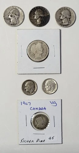 Silver Coin Lot: 1903 Barber Quarter, 42/44/45 Quarters, 52/64 Dimes & 1907 10C