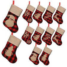 Mini Christmas Stockings 12 Pack Different Design 8 Inch Buffalo Plaid Red and