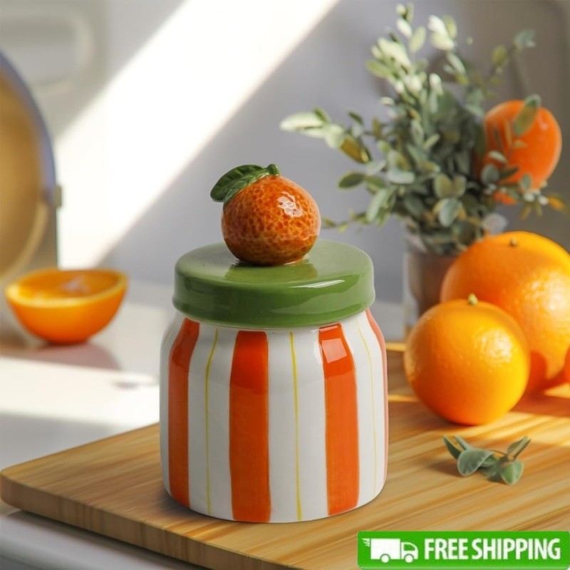 Airtight Hand-Painted Ceramic Cookie Jar Fruit Pattern Food Storage Container US