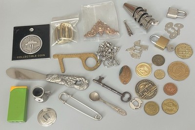 Vintage Junk Drawer All Metal Misc Items Coins-Keys-Lock-And More