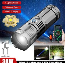 Strong White LASER LED Flashlight Torch Zoom USB Rechargeable 30W 1060Lumen Lamp