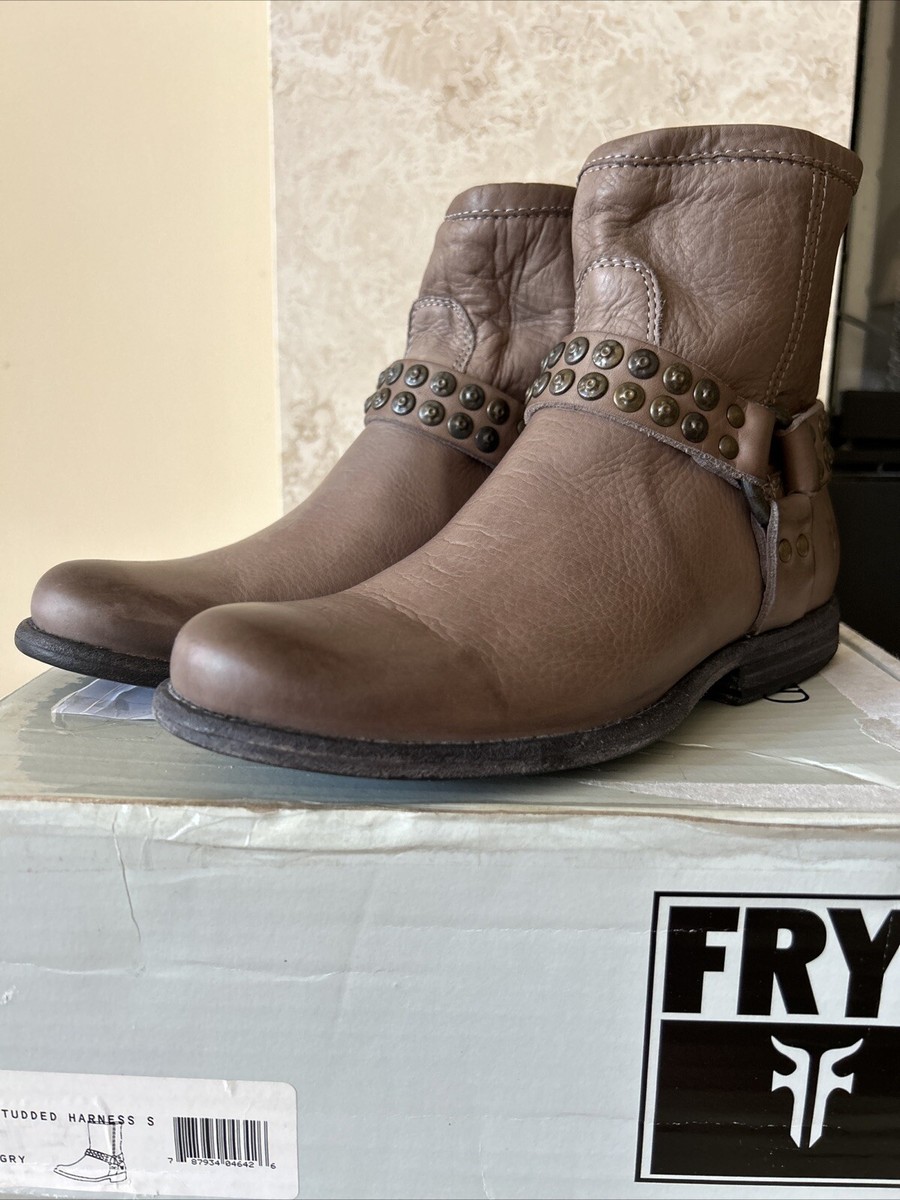 FRYE Phillip Harness Studded Short Grey Leather Ankle Boots Sz B $332  #76491
