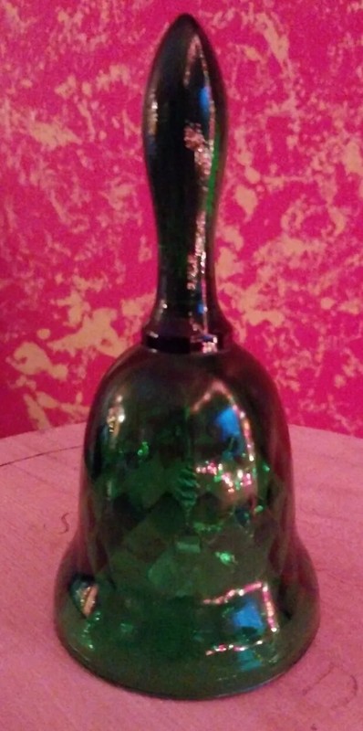 Vintage Emerald Depression Diamond Pattern Small Green Art Glass Bell