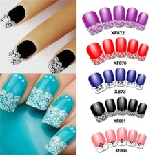 Nail Art French Stickers White  3D Flowers Stones Design Decoration Tips