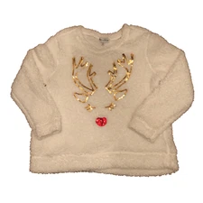 Rebecca Malone XL Christmas Sweater Top Gold Reindeer Face on White Faux Sherpa