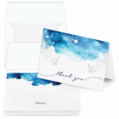 Thank You Greeting Cards and Envelopes, Blue Leaf Art, A2 Size, 25 Qty