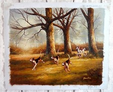Vintage Oil Painting Canvas Hunt Hounds Fox Hunting Equestrian Horse Signed #E