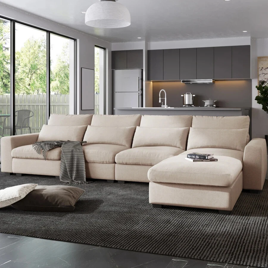 Modern Nordic Style Beige Minimalist Sofa Living Room L-Shape Couch Large Linen - Image 2 of 4