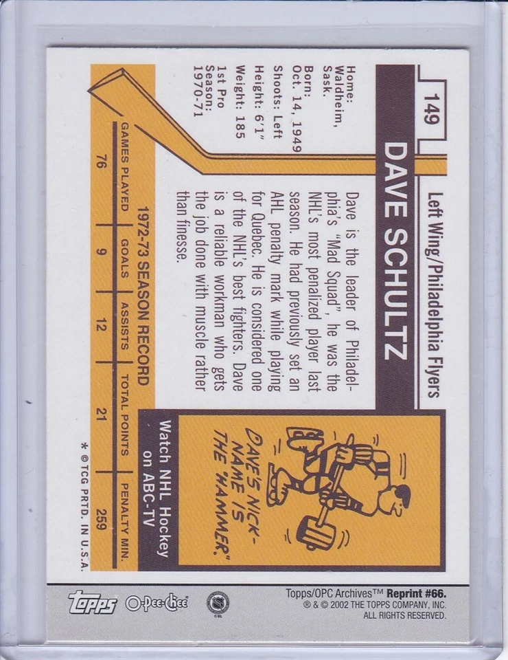 Dave Schultz 2001 Topps / O-Pee-Chee Archives Hockey Card 66 Grade MT - Image 2 of 2