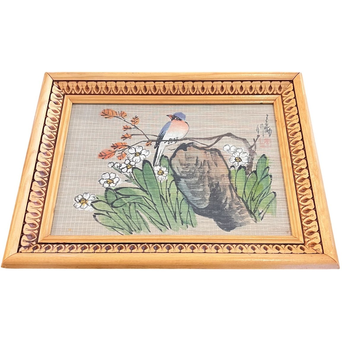 Vintage Japanese Nature Scene Artwork With Carved Frame Featuring