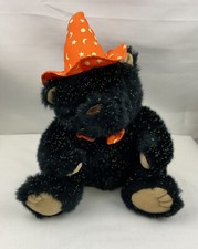 Sparkly Halloween Teddy Bear Plush Stuffed Animal With Orange Witches Hat Black