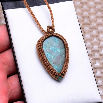 Handgefertigt Natürlich Chrysokoll Cabochon Boho Makramee Kette Heilung Pendel - Bild 1 von 4