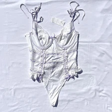 For Love & Lemons Swirl Eye Teddy 38C White Purple Eyelet Thong Lingerie Dainty 