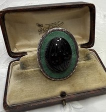 Vintage Pendant Brooch Carved Whitby Jet & Green Agate Silver Tone Set Costume
