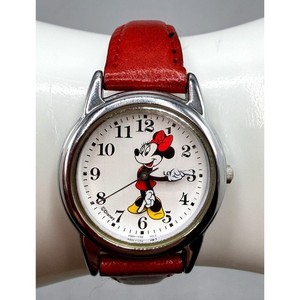 Disney Minnie Mouse Watch Red Kids Size Leather Strap Silver Case RRS379L -B