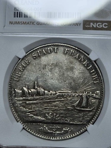 1843 Germany 2 Thalers River Scene Frankfurt City View NGC AU Details Clean RARE