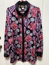 Vintage Bob Mackie Wearable Art Diamond Gems Silk Button Up Blouse Top Size 1X