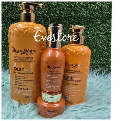 4pc. Bella-white Exclusive Carrot. 7 Days Kojic Body Lotion, Gel, Serum & Face