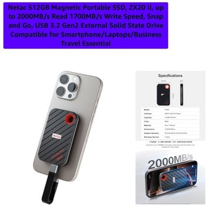 512GB Portable magnétique SSD, ZX20 II, jusqu'à 2000MB/s Lire 1700MB/s Écris Spee...