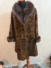Vintage Persian Lamb Fur Coat with Fox Collar Cuffs Brown Size L