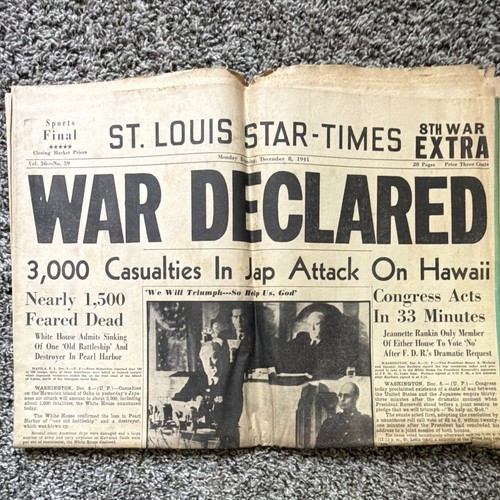 St Louis Star-Times Dec 8 1941 8th War Extra Pearl Harbor War Declared WWII