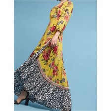 Farm Rio Sunlit Floral Wrap Long Sleeve Maxi Dress Yellow Gold XL