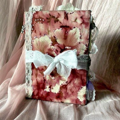 Handmade Vintage Silk Fabric Junk Journal Book Romantic Floral 2 Signatures Lace