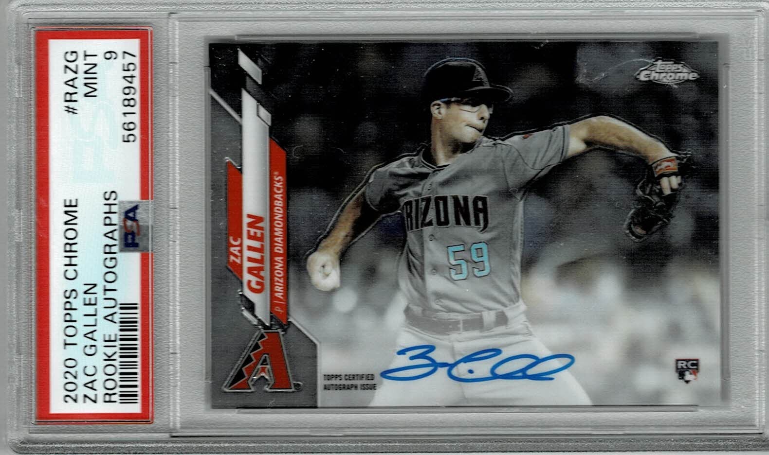 2020 TOPPS CHROME ZAC GALLEN AUTOGRAPH PSA 9 RC - ARIZONA DIAMONDBACKS