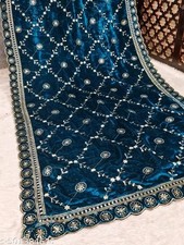 Teal Embroidery Velvet Dupatta For Bride And Women Velvet Shawl Odhani Veil