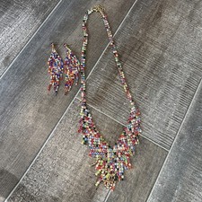 Elegant Multicolor Rhinestone Necklace  Long Drop Earrings 3-Piece Set