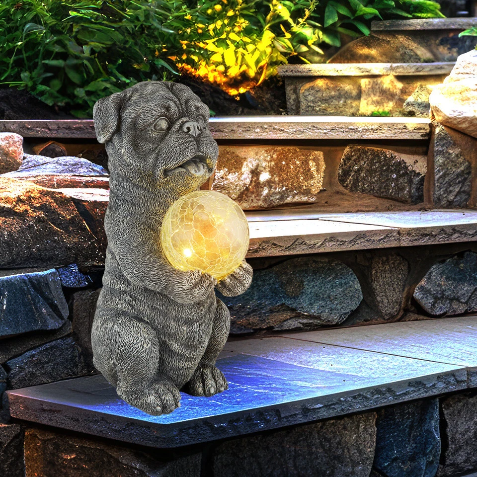 Solarleuchte Außenlampe Tierfigur LED Hund grau Crackle Glaskugel Garten 2er Set - Bild 4 von 4