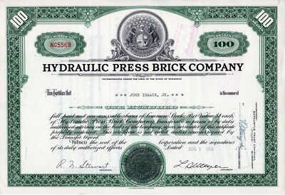 #ad Hydraulic Press Brick Company Stock Certificate 100 Shares $9.99