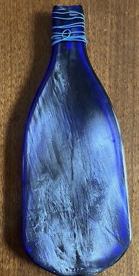 Melted Half Wine Bottle Serving Tray Trinket Dish Cobalt Blue W/Beaded Wire