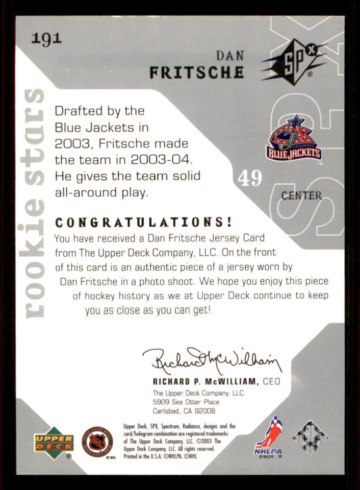 2003-04 SPx #191 Dan Fritsche JSY RC /999 - Image 2 of 2