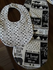 Infant Bib and Burp cloth set 1 in Black and white Be Brave little one design