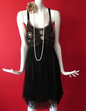 Red Herring Black Flapper 1920s Gatsby Beaded Tassle Fringe Dress Size 14 BNWT
