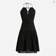 New Women J Crew Fit Flare Mini Dress 8 Black Eyelet Halter Tie Low Back Button