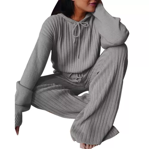 Outfits zweiteiliges Set Freizeitanzug Damenanzug Strickpyjama süß einfarbig mit Kapuze - Bild 5 von 22