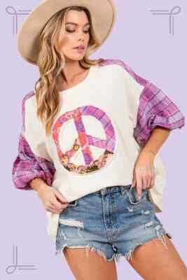 SAGE & FIG PEACE APPLIQUE PATCH WITH PLAID CONTRAST TOP PURPLE SIZE SMALL ST7102