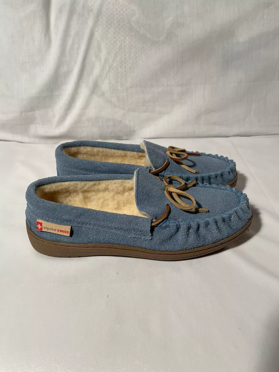 Alpine Swiss Size 7 Womens Suede Shearling Moccasin Slippers Slip On Blue Suede