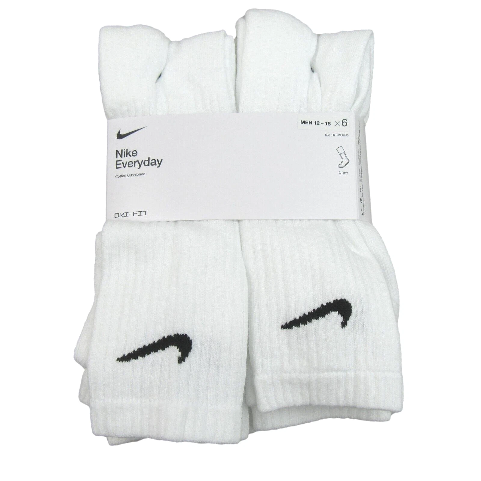 Nike Everyday Cushioned Crew Socks (6 Pack) Mens Size 12-15 White NEW SX7666-100